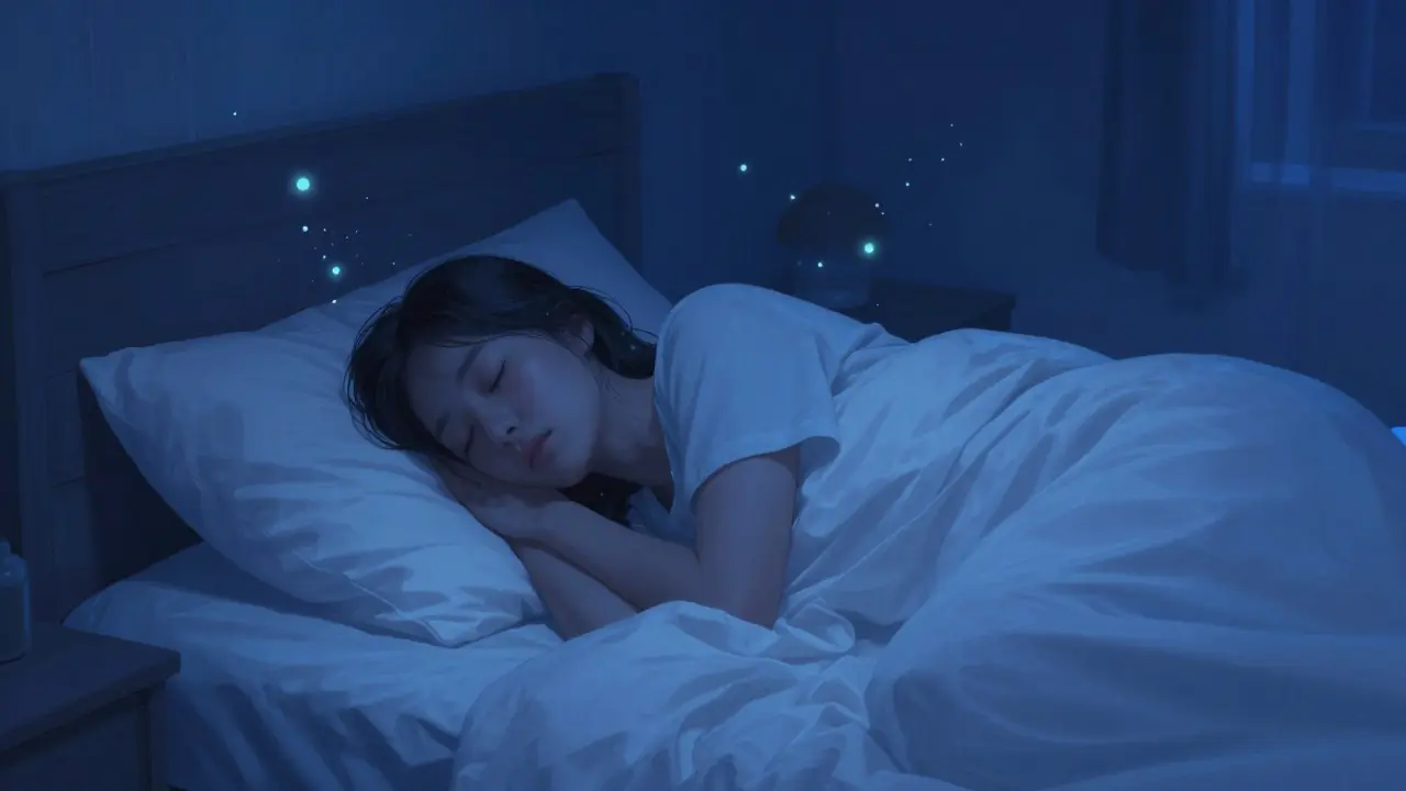 Träumerisches Schlafzimmer mit schlafender Person und blauen Lichteffekten