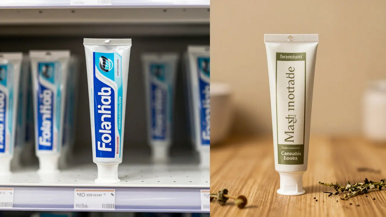 Vergleich von klassischer Fluorid- und Cannabis-Zahnpasta