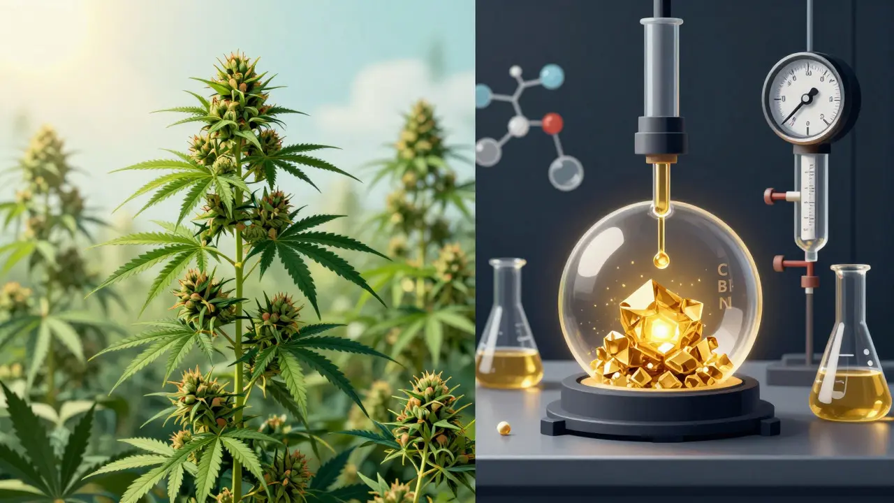 Visuelle Darstellung des komplexen Herstellungsprozesses von CBN aus THC